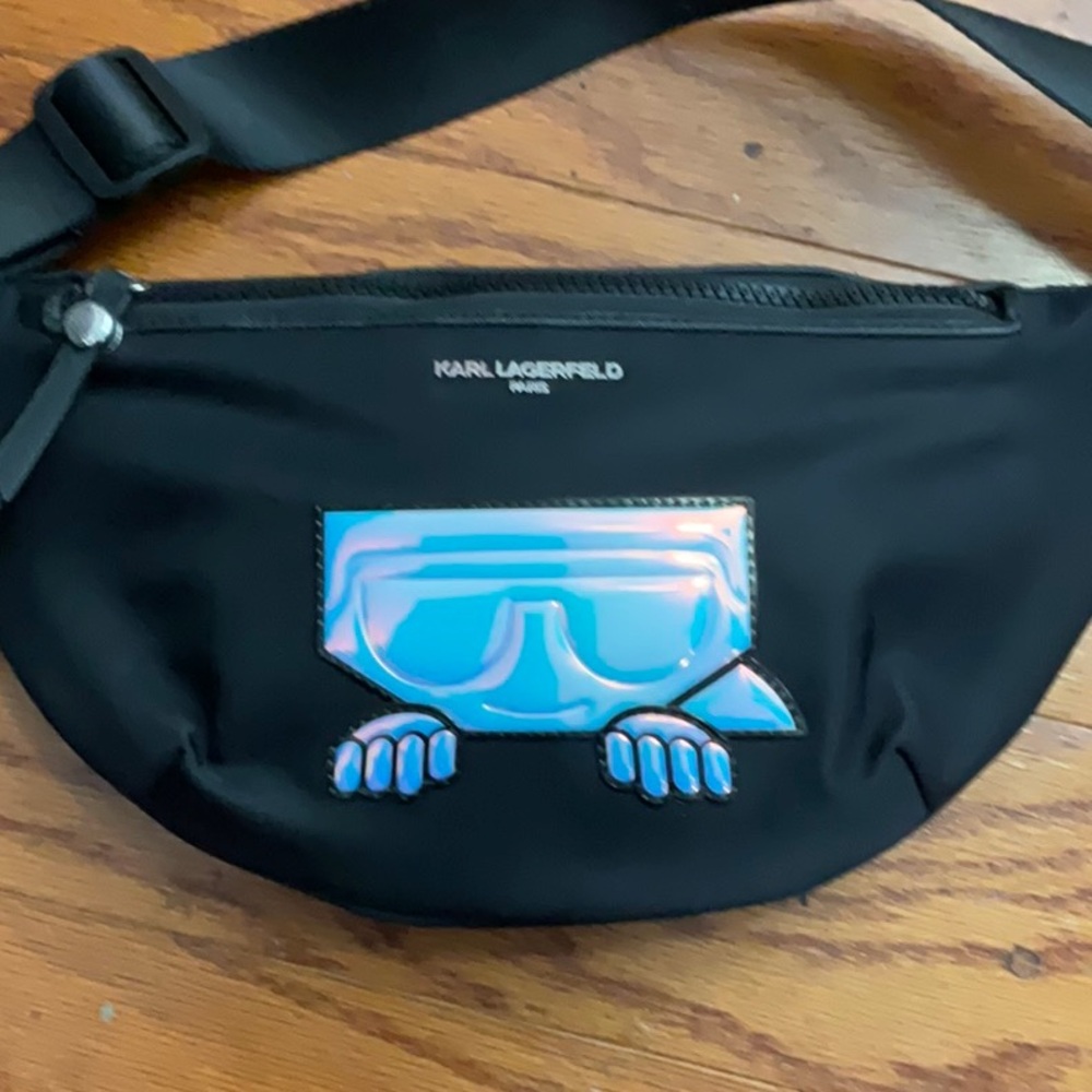 Karl Lagerfeld Paris black nylon belt bag iconic K/Ikonik holographic iridescent